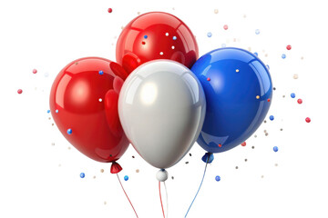3d red white blue balloons with confetti isolated on transparent background