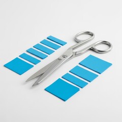 Scissors and blue paper scraps arranged neatly on a solid white background
