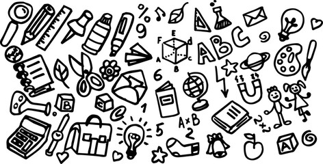 Hand-drawn school supplies and learning icons in black and white  
