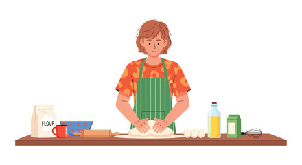 Woman making dough at home baking homemade bread or pizza dough preparation concept