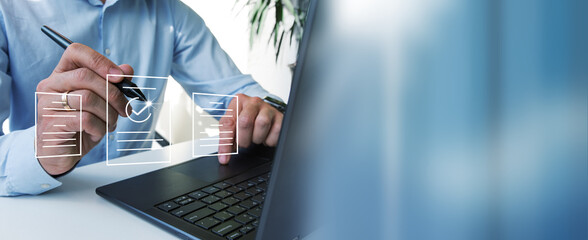 The businessman works at a desk with a computer and documents. Business management, development...
