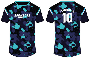 Sports jersey t shirt design flat sketch vector illustration, Abstract paint splatter pattern Round neck tees football jersey concept with front and back view for Cricket, Volleyball, Rugby jersey kit