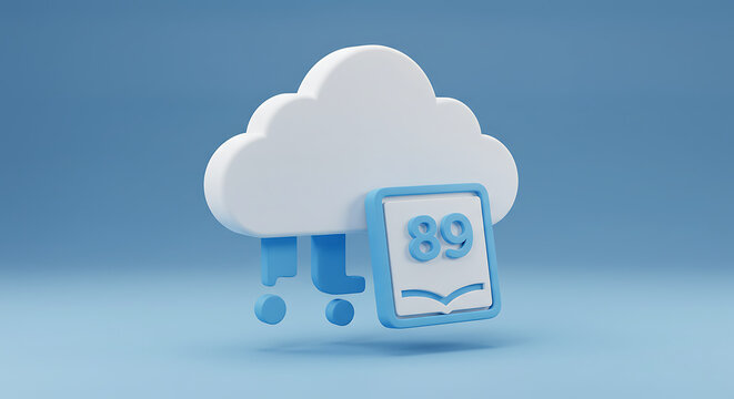 A 3D rendered cloud with rain and a book icon displaying the number eighty-nine. - Powered by Adobe