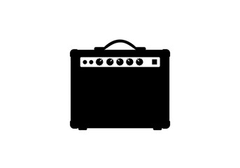 Fototapeta premium A black silhouette of a guitar amplifier with knobs and a handle isolated on white background