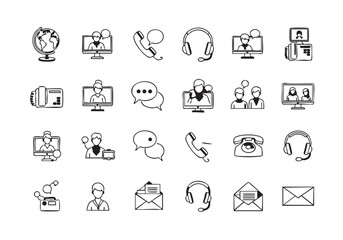 Doodle Style Customer Service and Contact Icons for Communication Solutions and Global Support Networks