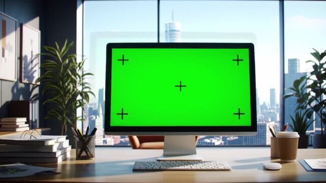 Green screen on desktop monitor in bright modern office. Chroma key computer screen with city view. Workspace mock-up with plants, books and coffee.