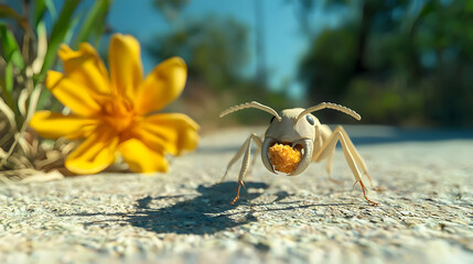 Ant Carrying Food Near Yellow Flower