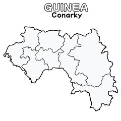 Fototapeta premium Outline of the guinea Map with State Boundaries with name and capital city for Educational Purposes and Planning in transparent and vector
