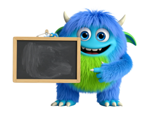 Fluffy, cute monster points to a blank chalkboard. 3D rendering. Isolated on a transparent 
