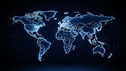Glowing world map illuminated by city lights at night representing global connectivity and urbanization
