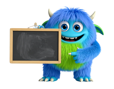 Fluffy, cute monster points to a blank chalkboard. 3D rendering. Isolated on a transparent 