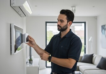 Young man adjusting the settings on a wall-mounted smart home control panel in his modern living room