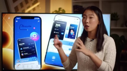 Asian woman presenting mobile app interface on screen for tech review or tutorial - Powered by Adobe