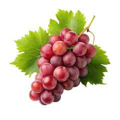 Fototapeta premium Close up of a vibrant bunch of red grapes with lush green leaves isolated on a transparent background