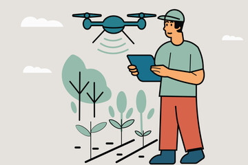 Flat vector illustration of a farmer using a drone and tablet for smart farming and crop monitoring symbolizing modern agriculture agritech and sustainable innovation.