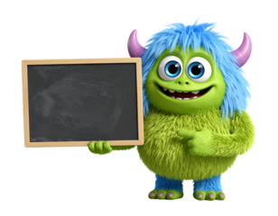Fluffy, cute monster points to a blank chalkboard. 3D rendering. Isolated on a transparent