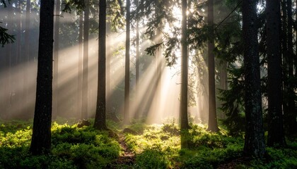 Obraz premium Sunlight streams through a misty forest, illuminating the ground with golden rays.