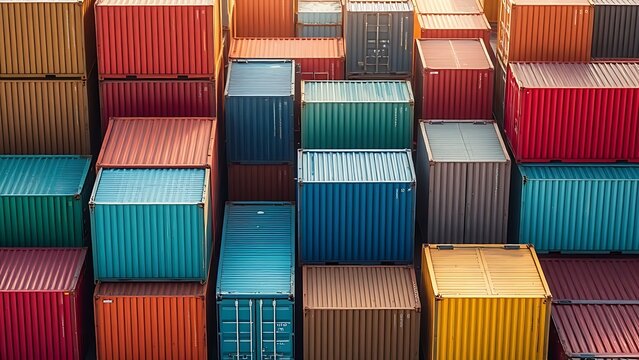 Colorful shipping containers arranged in an abstract aerial-inspired composition.