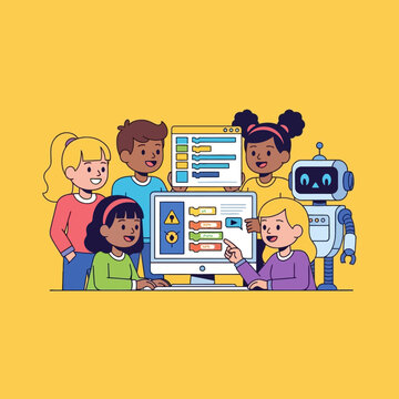 Diverse children collaborate with a robot on a computer programming project, showcasing teamwork and technological learning.