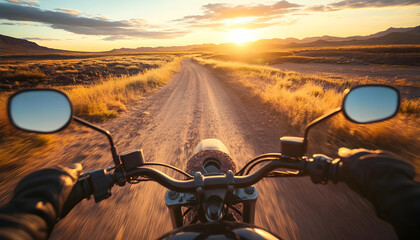 Motorcycle rider perspective on dirt road through desert landscape at sunrise. Experience adventure, freedom, and solitude on offroad journey across arid terrain, with handlebars and glove visible
