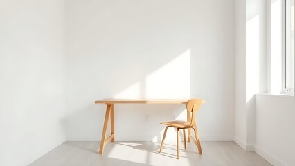 A clean and simple office corner featuring a wooden desk and chair under soft natural light.