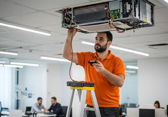 Skilled technician on a stepladder performing maintenance and repair on a ceiling-mounted air conditioner in an office.