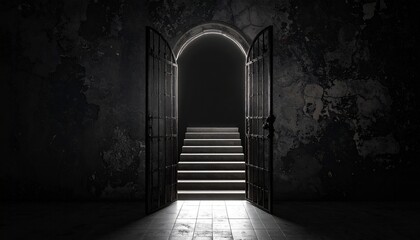 Dark room with open arched doorway revealing light and stairs.