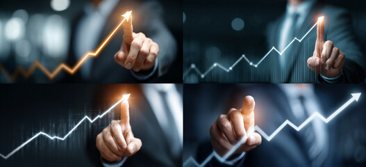 Businessman touching a glowing upward arrow graph symbolizing business growth, success, and financial progress

