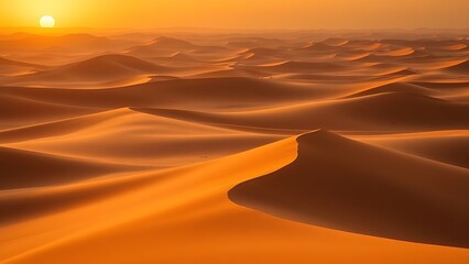 Vast desert dunes bathed in sunset hues, creating a serene and timeless landscape.