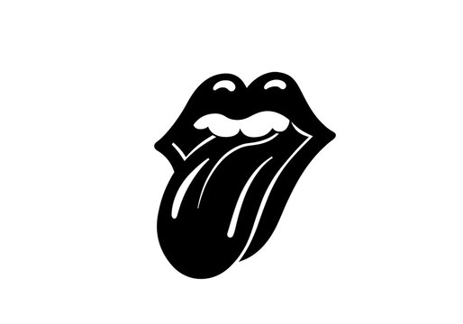 A graphic illustration of a black lips and tongue design on a white background space