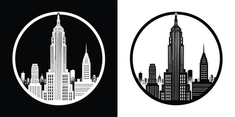 Black and White New York City Skyline Vector with Iconic Skyscrapers in Circle Frame for T Shirt Design and Branding