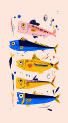 Colorful illustrated fish swimming in a playful underwater scene  