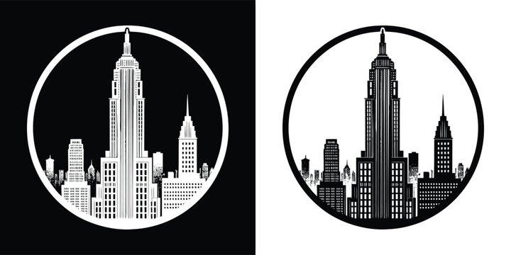 Black and White New York City Skyline Vector with Iconic Skyscrapers in Circle Frame for T Shirt Design and Branding