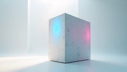A minimalist concrete cube with glowing cyan and pink lights sits in a bright, futuristic white room.