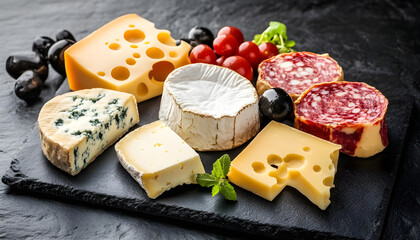 Assortment of hard aged cheese on a black stone surface. Set of snacks.