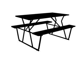 A stark silhouette of a picnic table with benches against a bright white background scene view