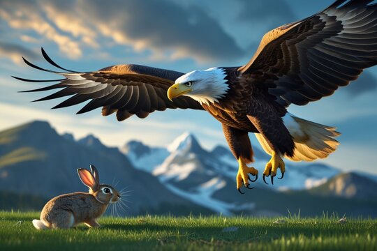 Ultra-Realistic Cinematic Photo of a Bald Eagle Mid-Dive with Wings Spread and Claws Extended – Targeting a Rabbit on Green Grass with Mountain and Sky Backdrop (4096x5120 px)