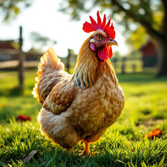 Chicken on Green Grass. Backyard Hen in the Garden. Free-Range Chicken Outdoors. Farm Morning with a Hen