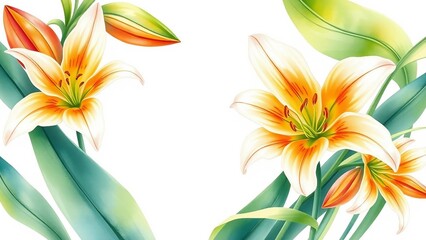 Aquarellgemaltes Lilienmotiv mit orange-gelben Blüten auf weißem Hintergrund – ideal als romantischer oder floraler Rahmen.