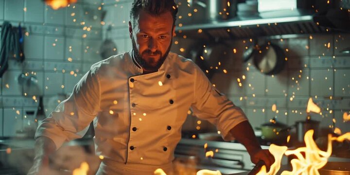 Male chef flamb&eacute;ing dish in dramatic kitchen setting with fire and intense focus