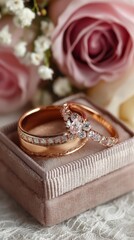 Elegant wedding rings placed on a soft velvet box next to romantic roses during a warm afternoon