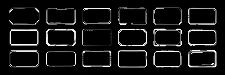 Sci-Fi HUD rectangular frame collection. Futuristic vector borders, white lines, tech elements on black background. Modern digital interface screen frames. Game UI design element set.