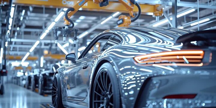 Luxury sports car on assembly line in modern automotive factory with bright lights