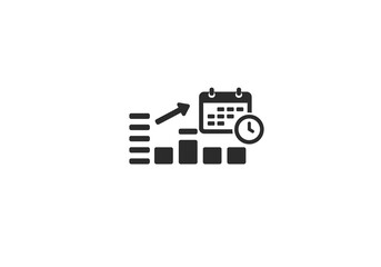 A black and white icon showing a bar graph, arrow, calendar, and clock representing growth and time
