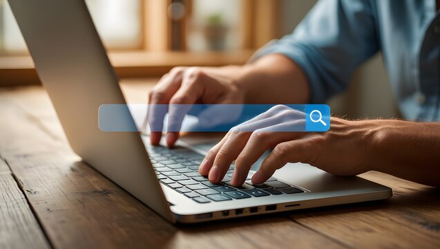 Searching Browsing Internet Data Information with blank search bar.Search Engine Optimization SEO Networking Concept.hand of businessman working with computer laptop on desk in office. - Powered by Adobe