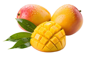 Fresh Ripe Mangoes with Sliced Fruit and Green Leaves on Transparent Background
