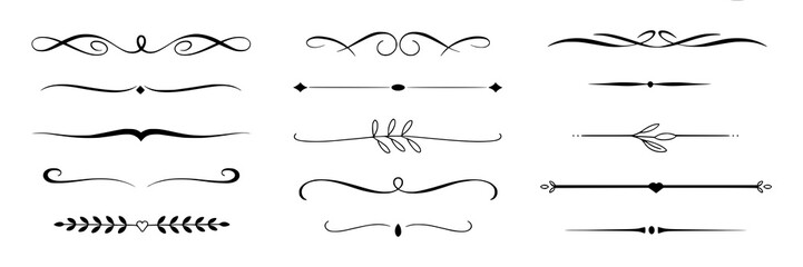 Hand-drawn decorative divider collection. Set of black ink swirls, flourishes, lines, hearts, leaves, dots, diamonds on white. Vector design elements for borders, frames, text dividers. Calligraphic i