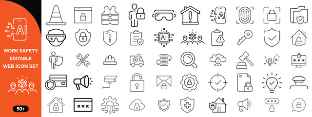Work Safety editable stroke outline web icons set. Safety first, hazard, protection, health, insurance, regulations, helmet and work. Vector illustration