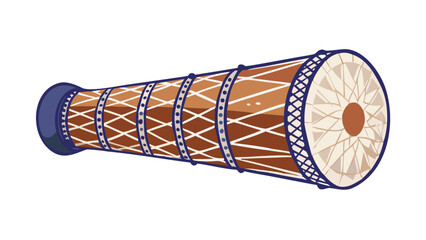 Stylized illustration of a traditional dholak drum with intricate patterns and a dark blue rim against a black background