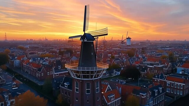 A tall dark windmill overlooks a Dutch city at sunrise with orange skies and distant structures